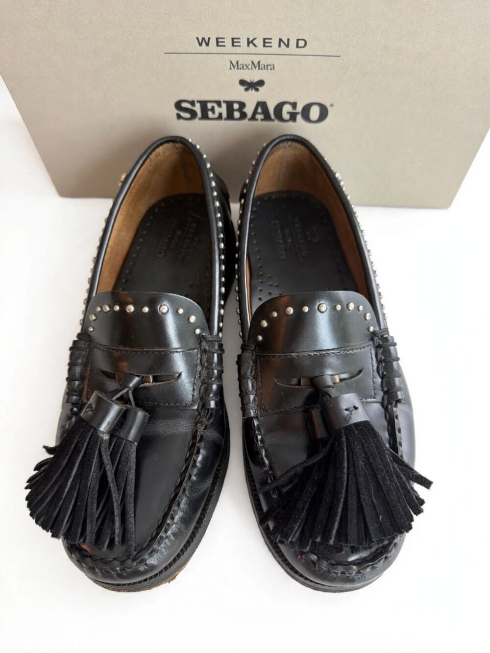 Weekend Max Mara x Sebago Classic Dan Studs Tassel Loafers Black EU 37.5